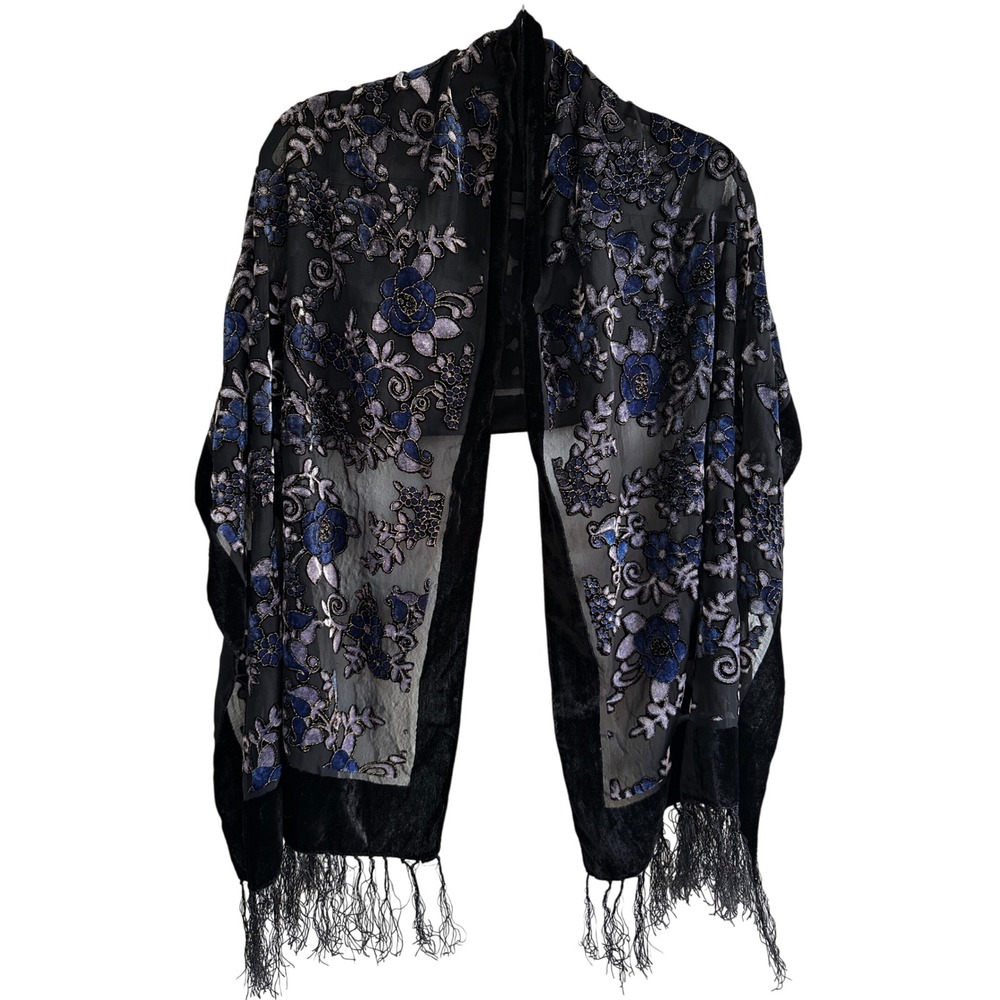 Black Floral Burnout Velvet Shawl Blue Silver Fringe Whimsigoth Wrap 65x21